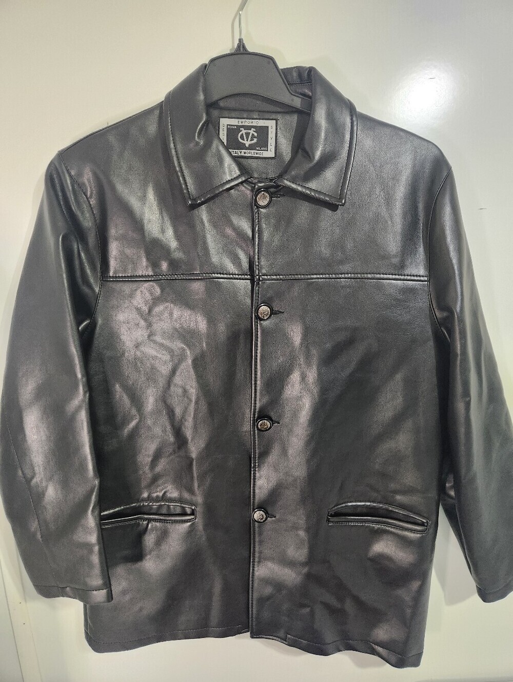 Men's Black Faux Leather Button-Front Jacket, Size MEDIUM